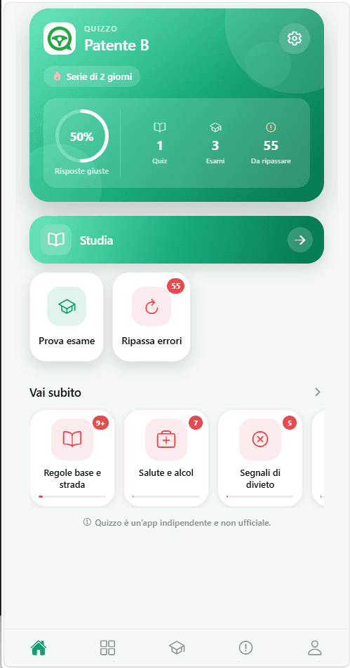 Quizzo — schermata principale dell'app